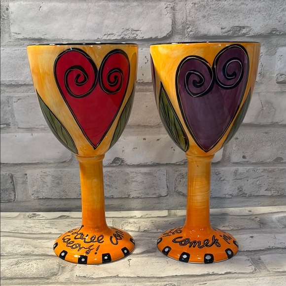 outi Other - Set of 2 Colorful Heart Design wine Goblets love comes in all colors pottery